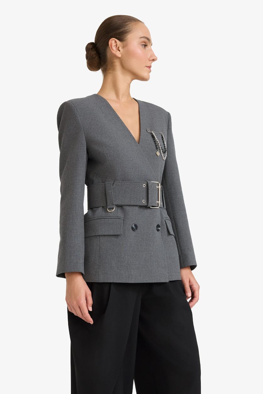 Kadın Antrasit Fıtted V Yaka Tafta Blazer Ceket