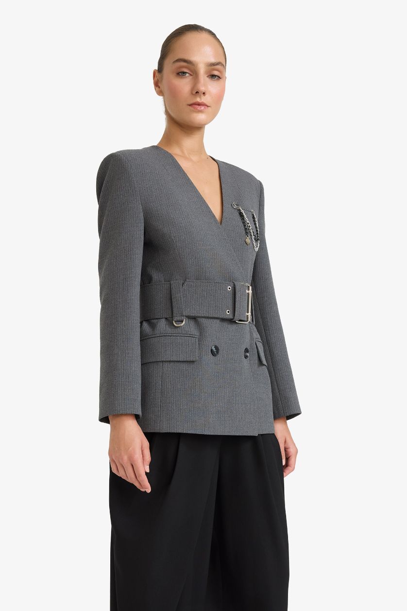 Kadın Antrasit Fıtted V Yaka Tafta Blazer Ceket