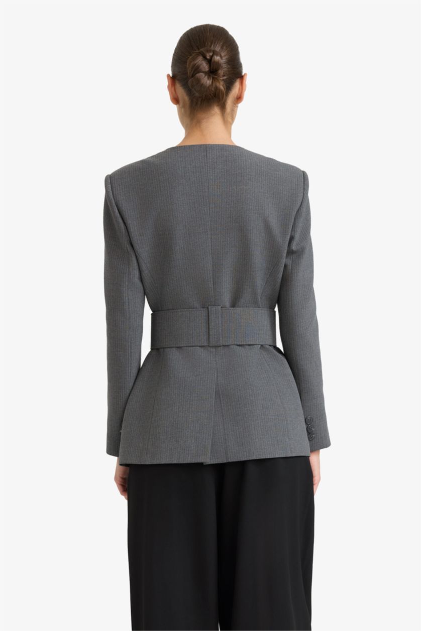 Kadın Antrasit Fıtted V Yaka Tafta Blazer Ceket