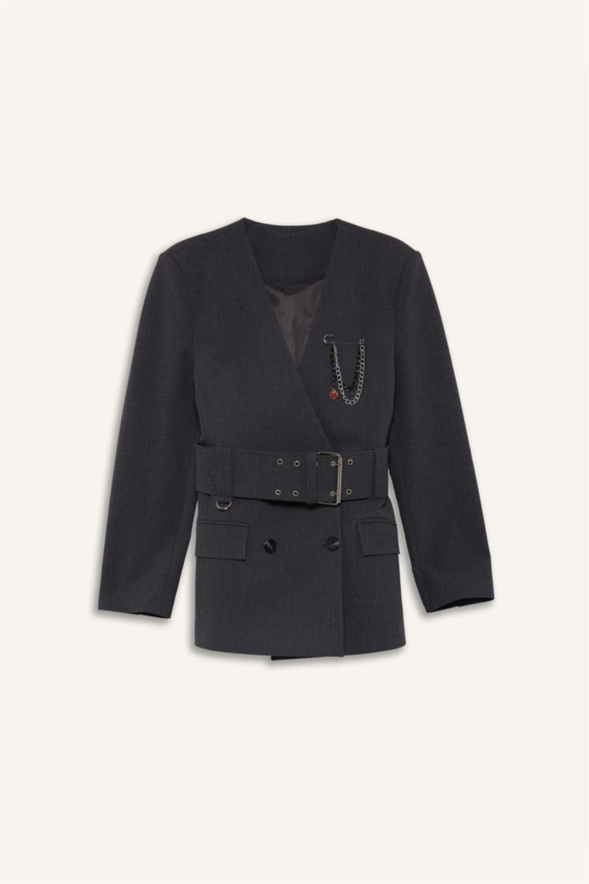 Kadın Antrasit Fıtted V Yaka Tafta Blazer Ceket