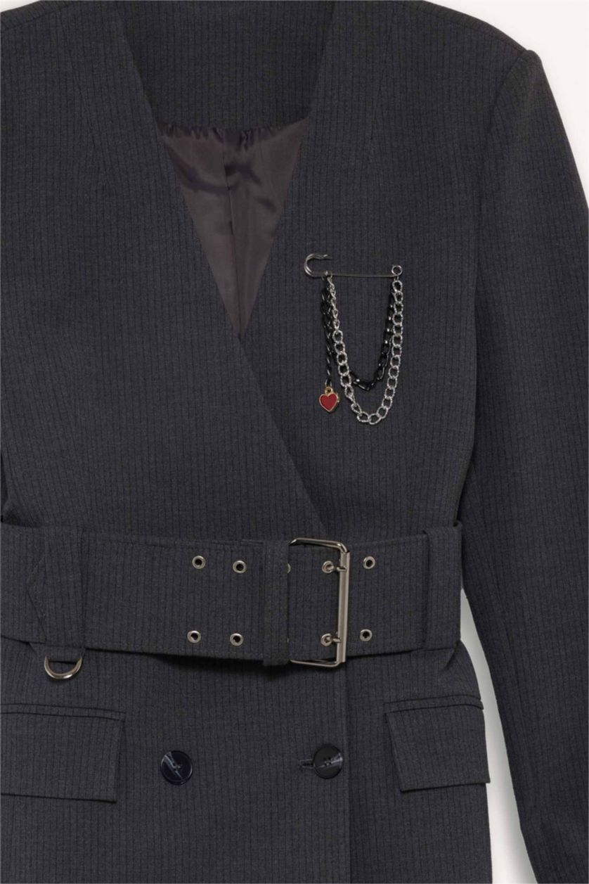 Kadın Antrasit Fıtted V Yaka Tafta Blazer Ceket