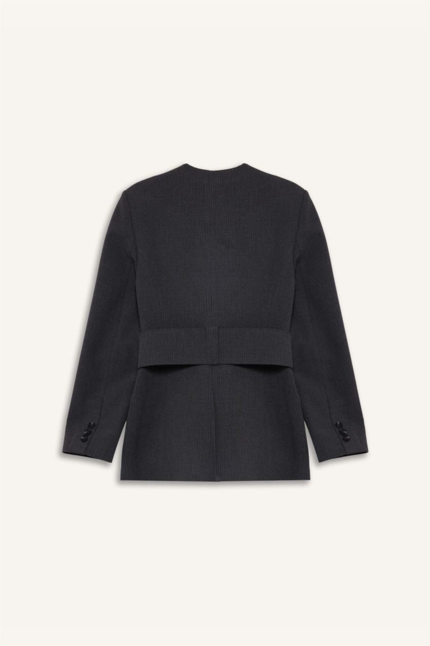 Kadın Antrasit Fıtted V Yaka Tafta Blazer Ceket