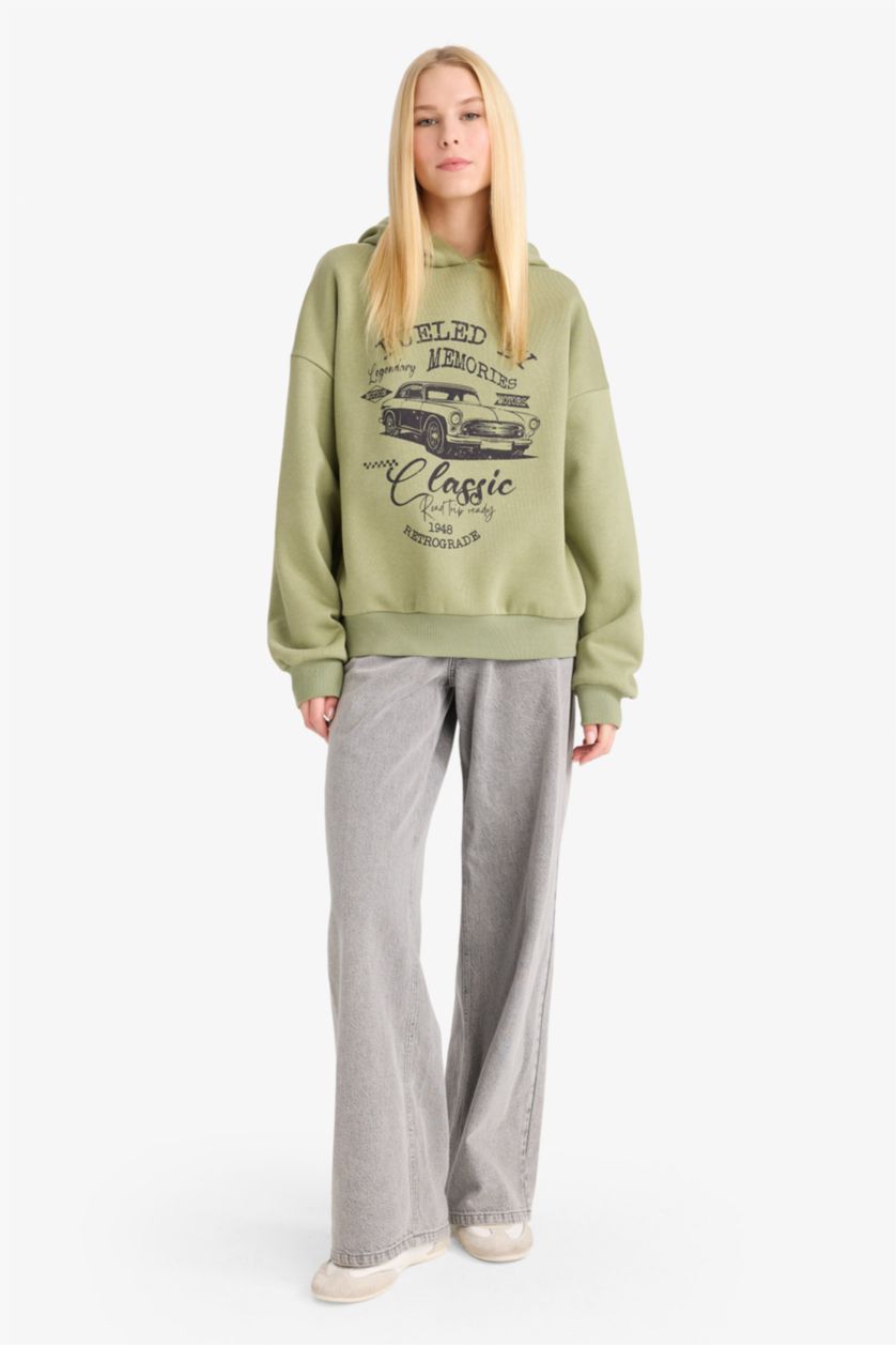 Woman Khaki Overshirt Fit Hooded Printed Sweatshirt