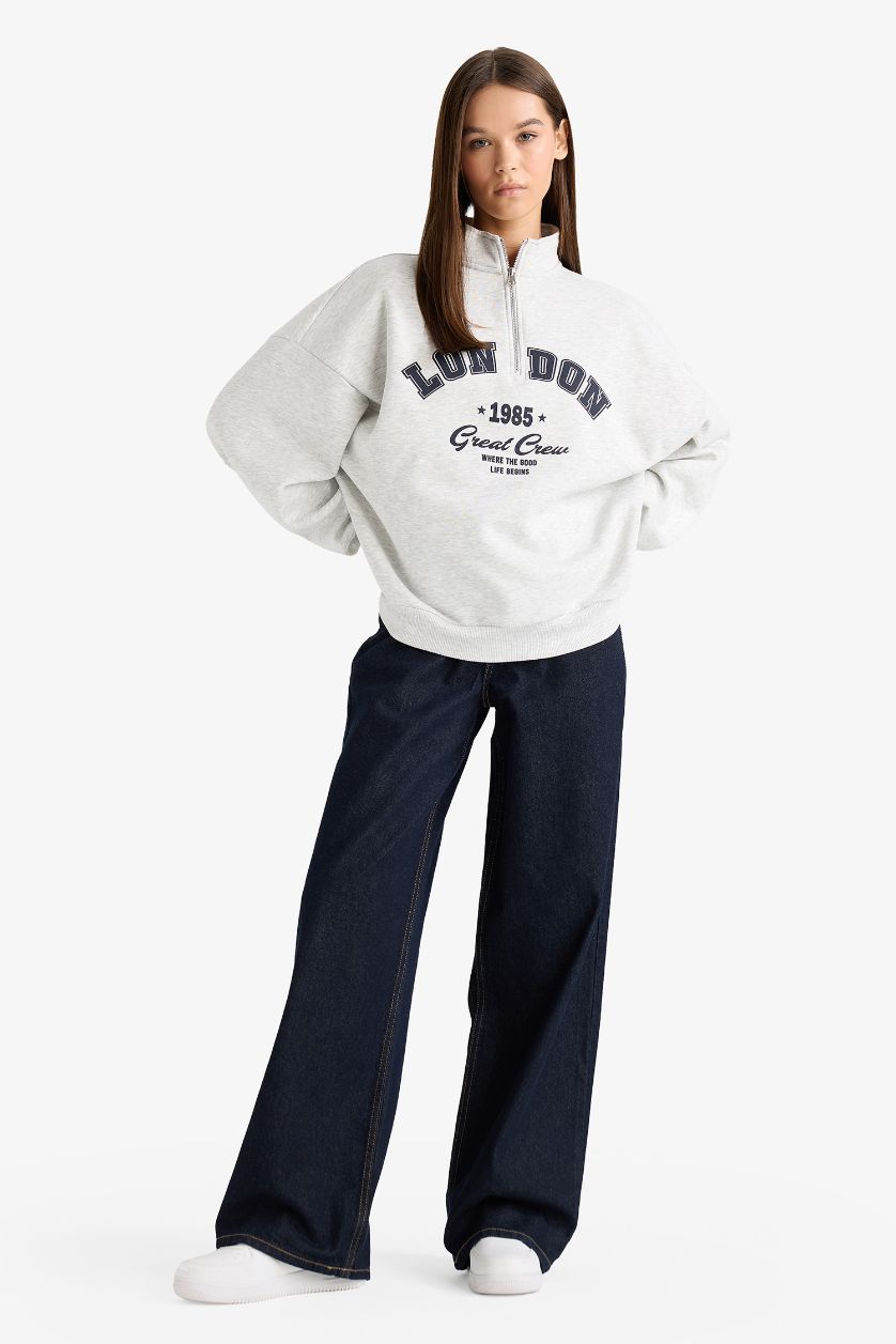 Kadın Gri Melanj Overshırt Fıt Yarım Fermuarlı Baskılı Kalın Kumaş Sweatshirt