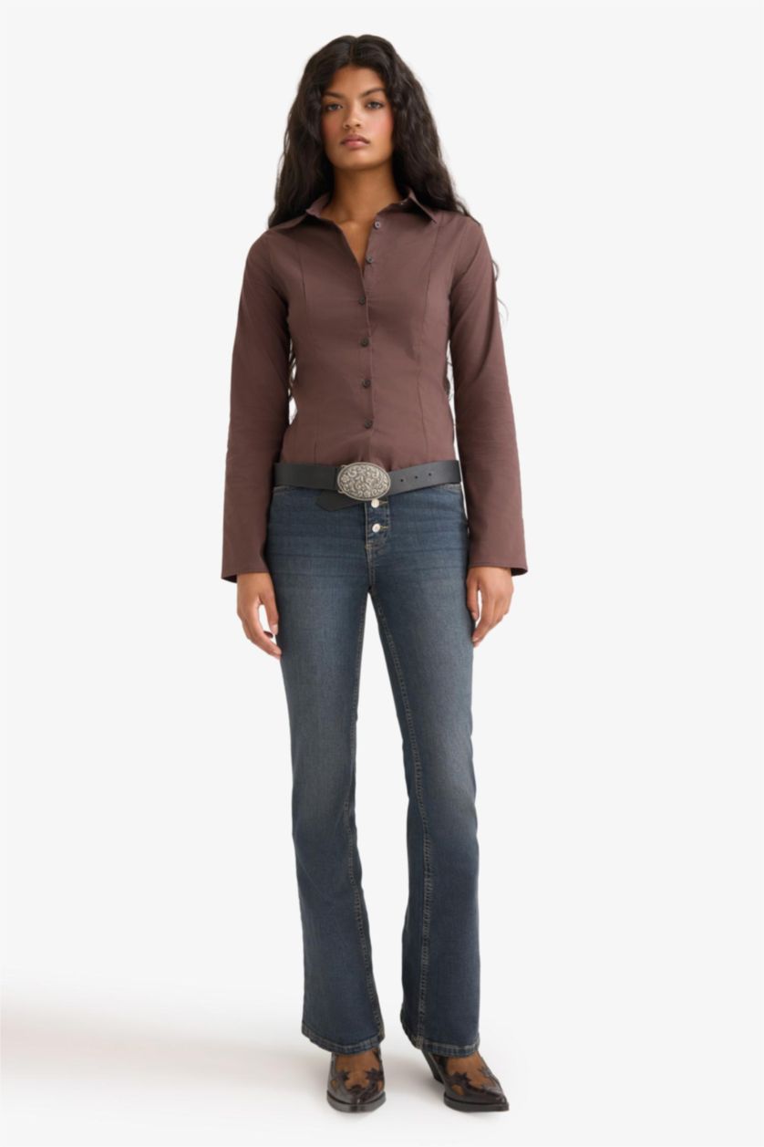 Kadın Kahve Fitted Poplin Uzun Kollu Gömlek