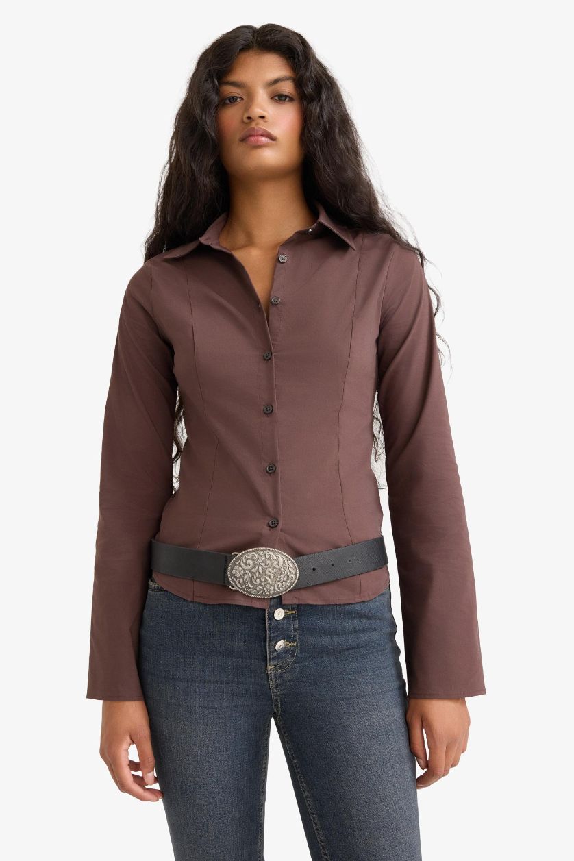 Kadın Kahve Fitted Poplin Uzun Kollu Gömlek