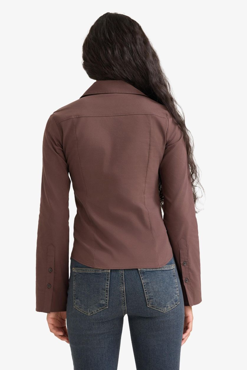 Kadın Kahve Fitted Poplin Uzun Kollu Gömlek