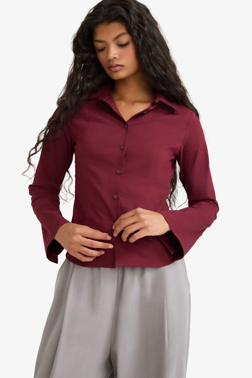 Kadın Bordo Fitted Poplin Uzun Kollu Gömlek