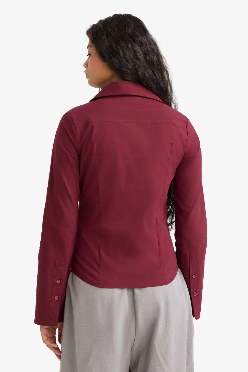 Kadın Bordo Fitted Poplin Uzun Kollu Gömlek