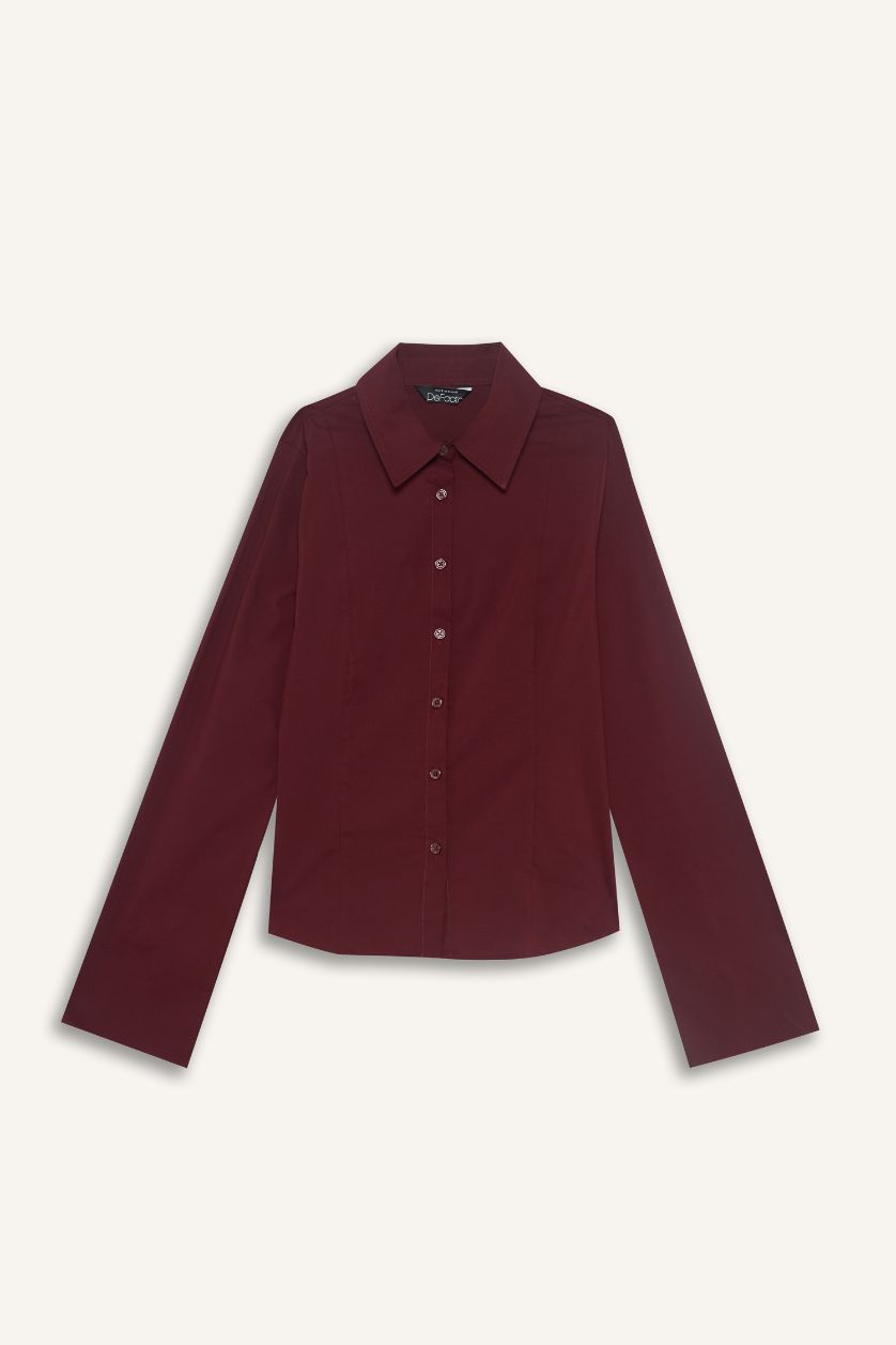 Kadın Bordo Fitted Poplin Uzun Kollu Gömlek