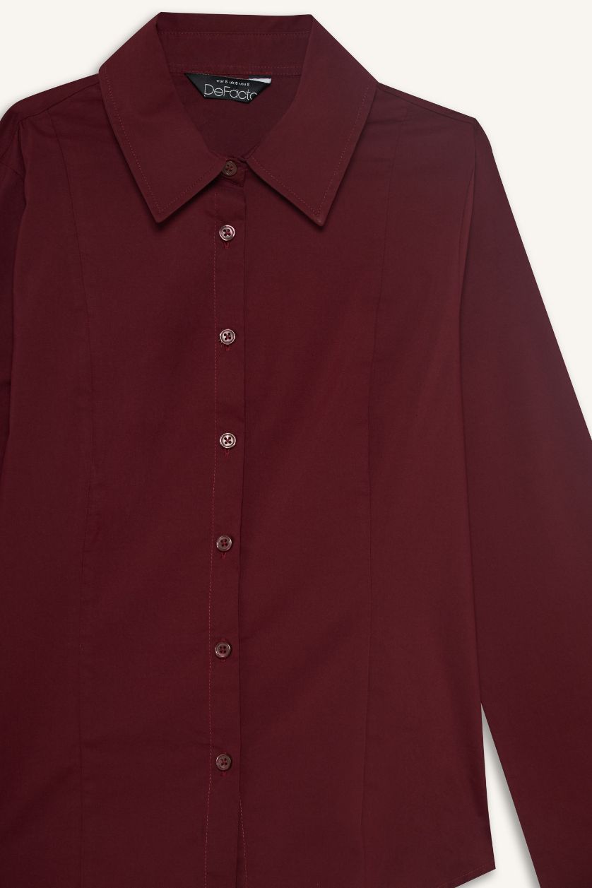 Kadın Bordo Fitted Poplin Uzun Kollu Gömlek