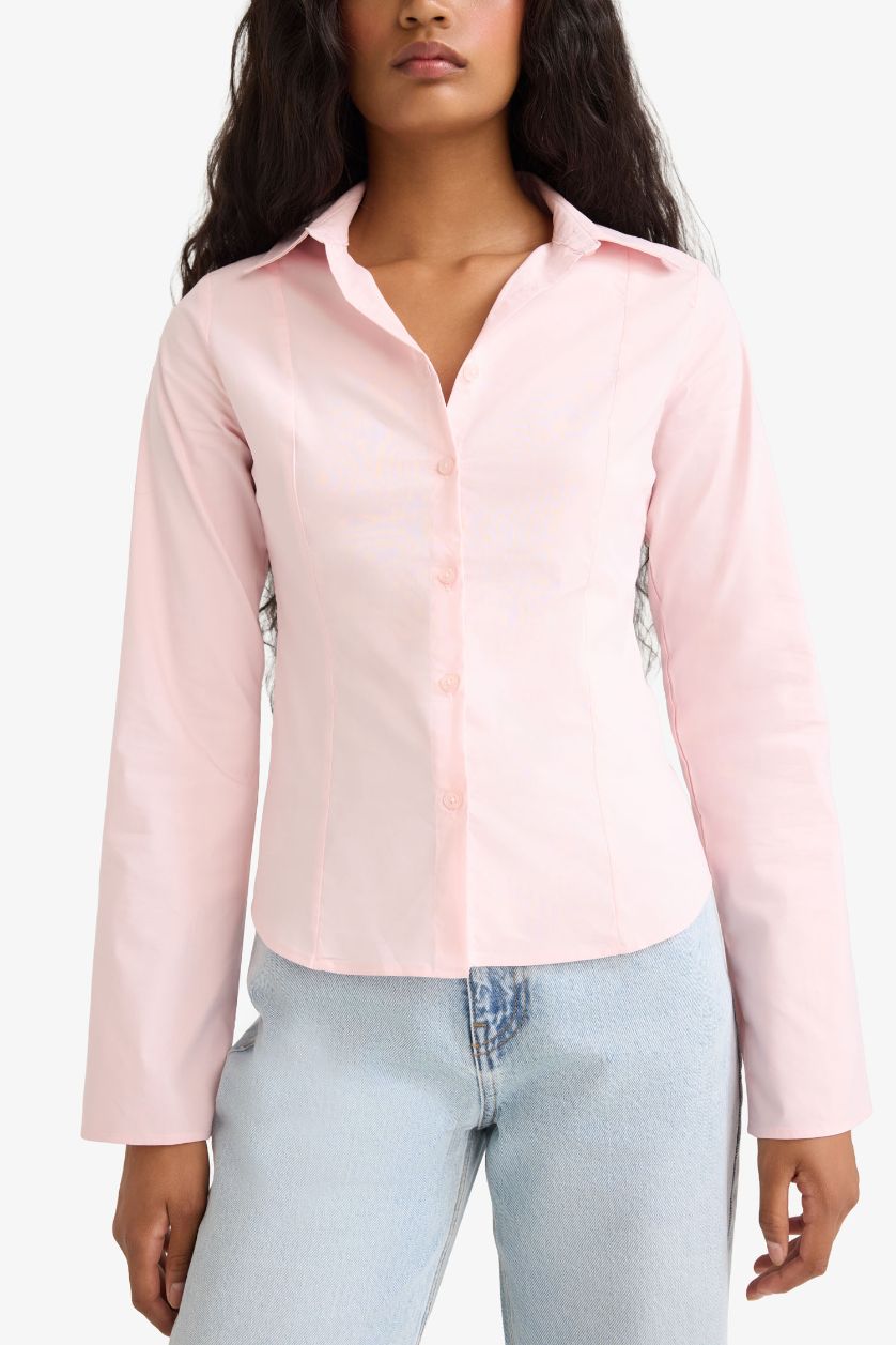 Kadın Açık Pembe Fitted Poplin Uzun Kollu Gömlek