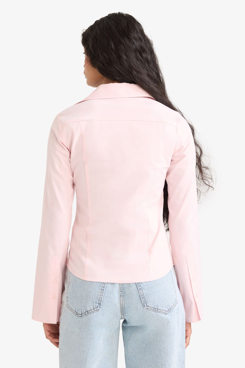 Kadın Açık Pembe Fitted Poplin Uzun Kollu Gömlek