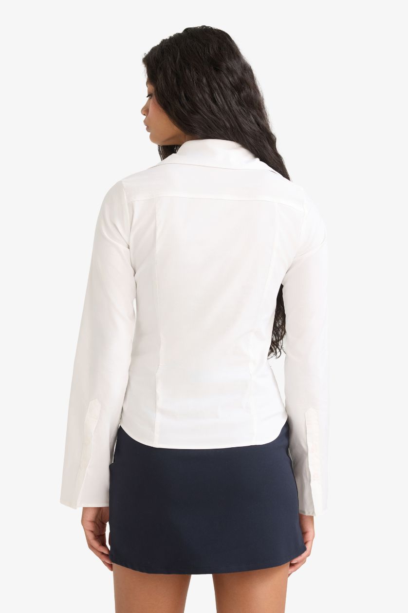 Kadın Kırık Beyaz Fitted Poplin Uzun Kollu Gömlek