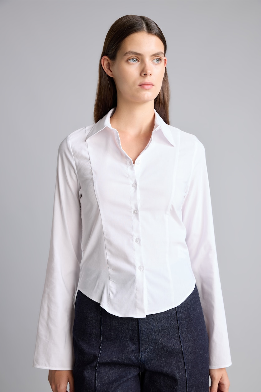 Kadın Kırık Beyaz Fitted Poplin Uzun Kollu Gömlek