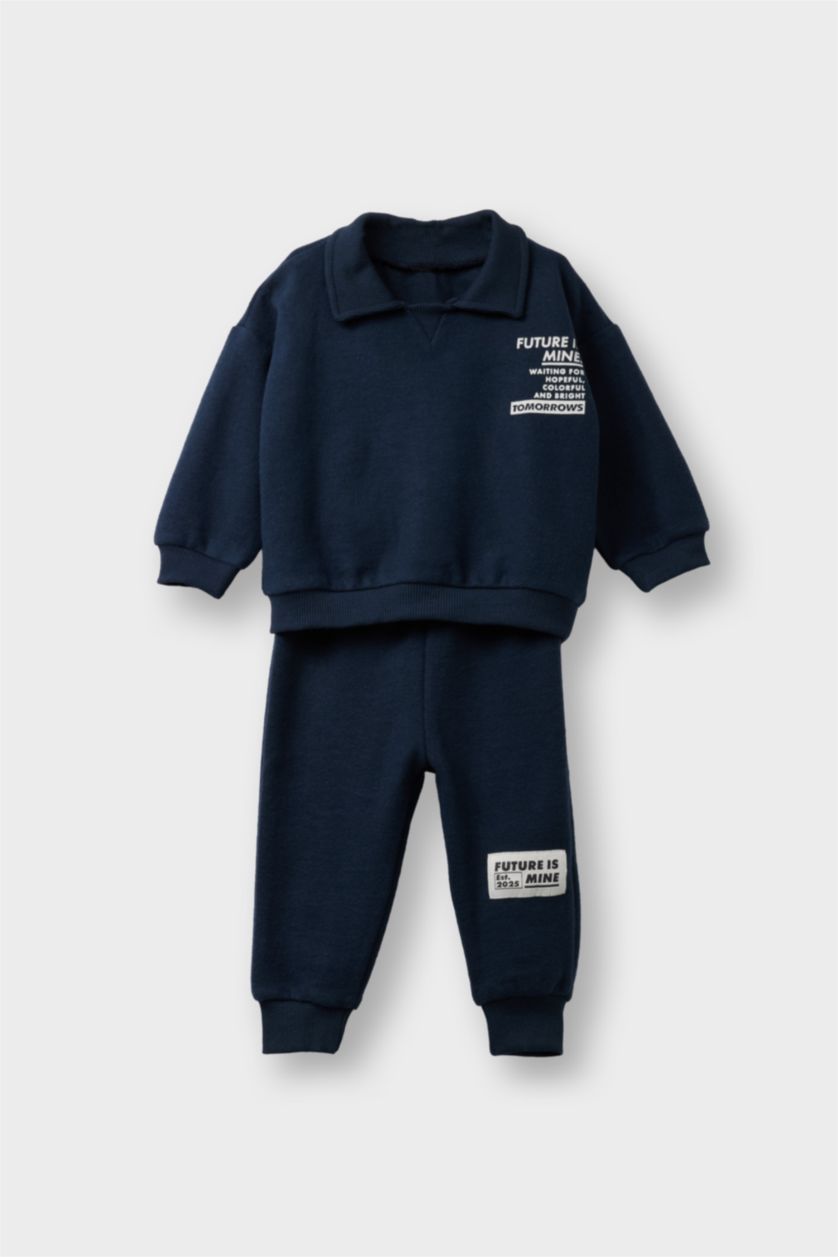 Erkek Bebek Lacivert Erkek Bebek 2'li Takım Baskılı Selanik Kumaş Sweatshirt Eşofman Altı