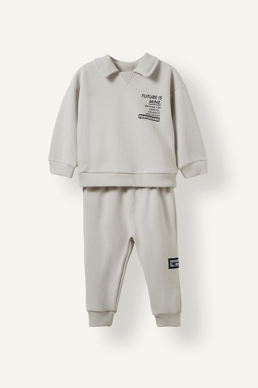 Baby Boys Light Grey 2 piece Regular Fit Shirt Collar Slogan Set