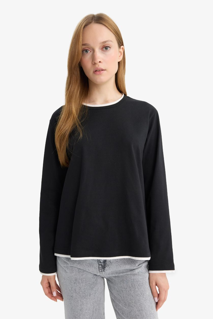 FEMME Noir Tunique à col rond et manches longues Coupe régulière