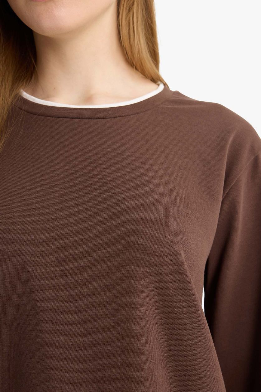 Kadın Kahve Regular Fit Bisiklet Yaka Uzun Kollu Tişört Tunik 