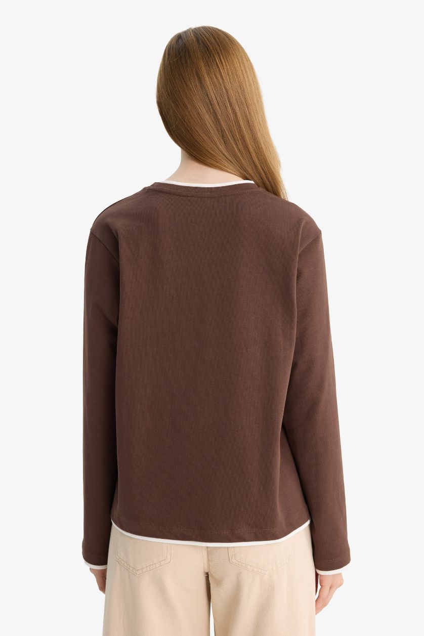 Kadın Kahve Regular Fit Bisiklet Yaka Uzun Kollu Tişört Tunik 