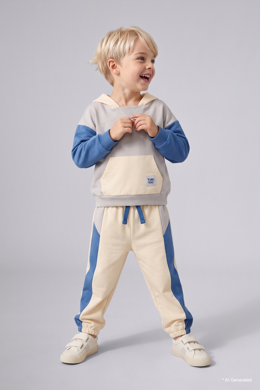 Erkek Bebek Ekru Etiket Baskılı İnce Sweatshirt Kumaşı 2'li Takım Erkek Bebek