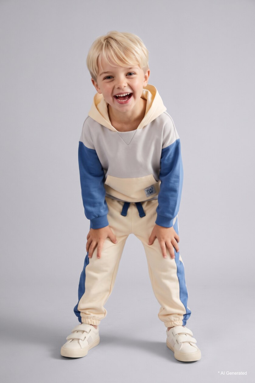 Erkek Bebek Ekru Etiket Baskılı İnce Sweatshirt Kumaşı 2'li Takım Erkek Bebek