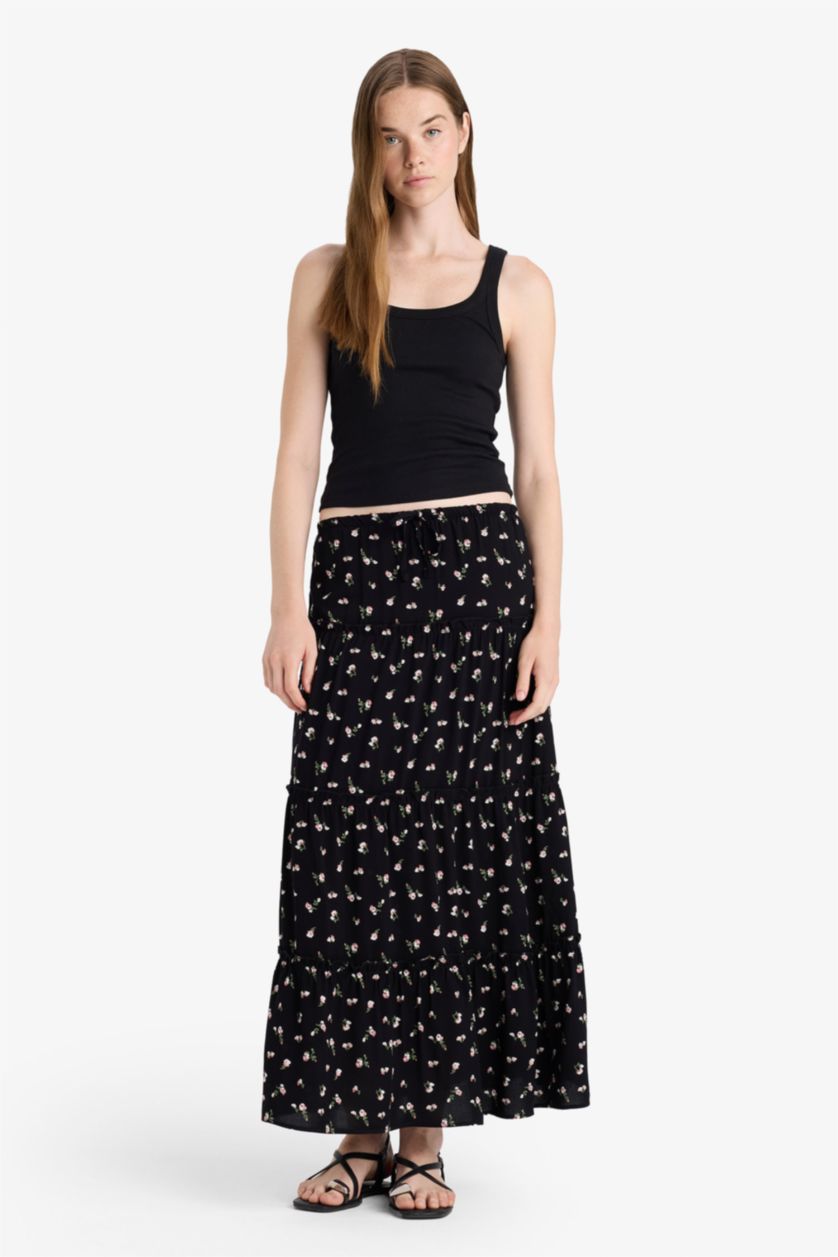 Woman Black Floral Cotton Lined High Waist Maxi Skirt