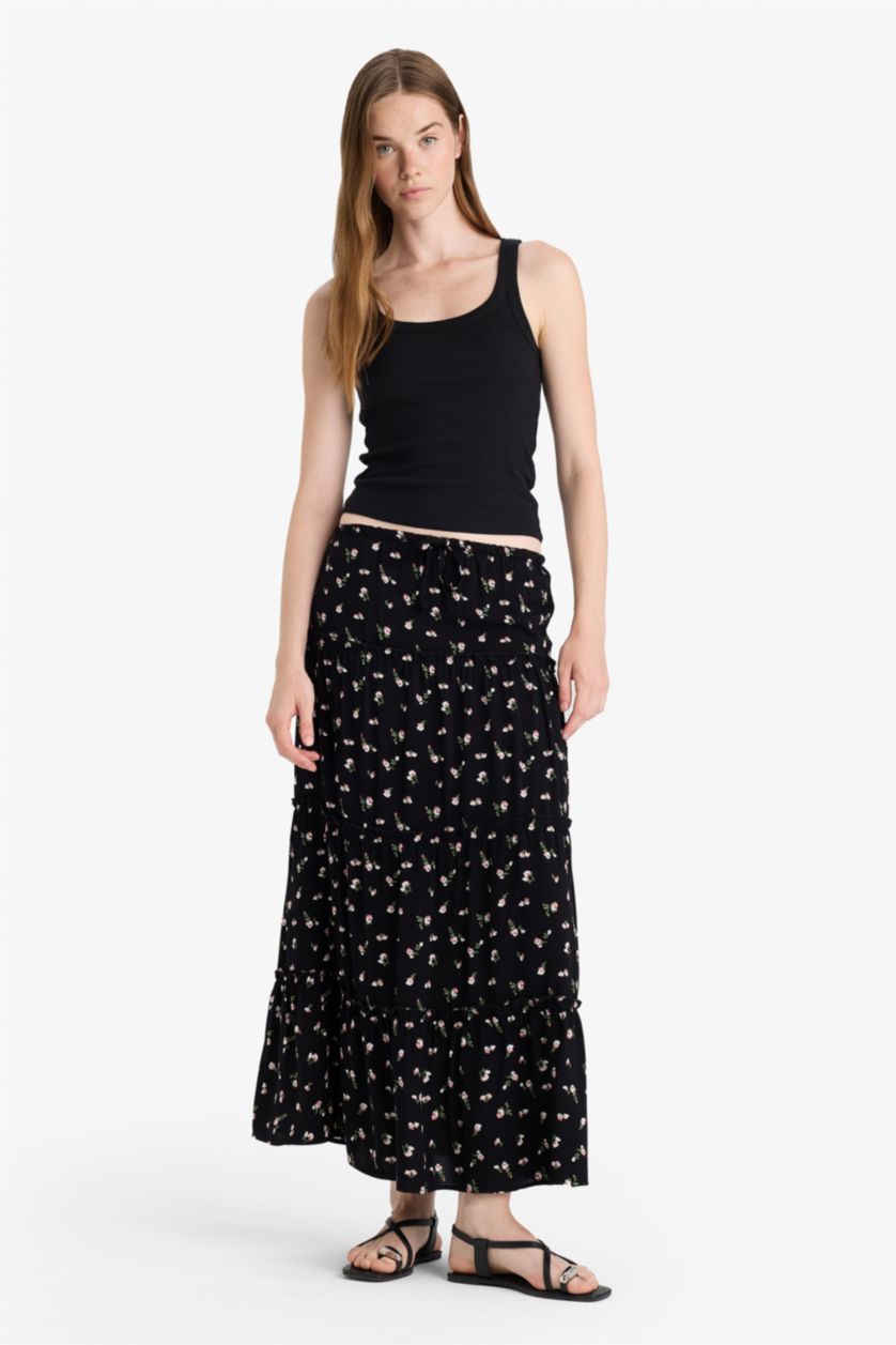 Woman Black Floral Cotton Lined High Waist Maxi Skirt