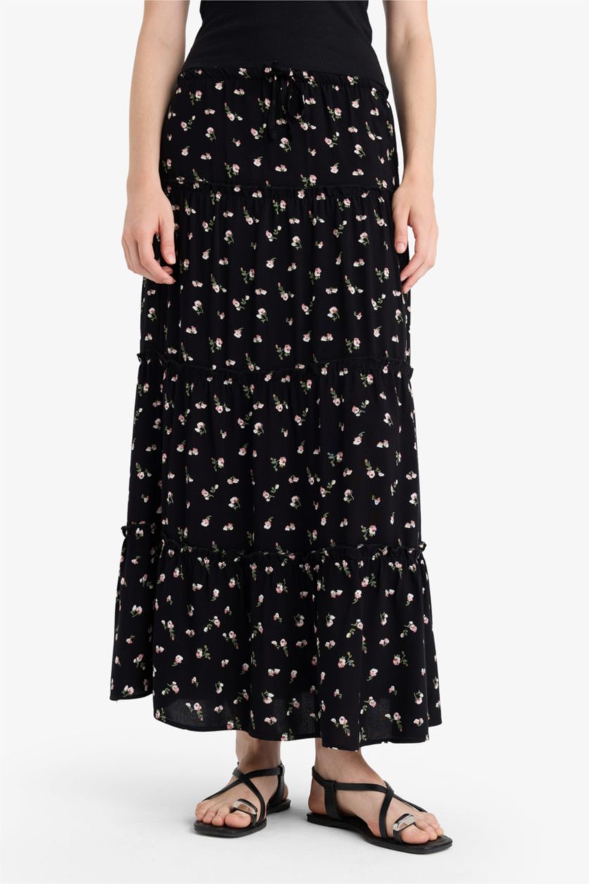 Woman Black Floral Cotton Lined High Waist Maxi Skirt