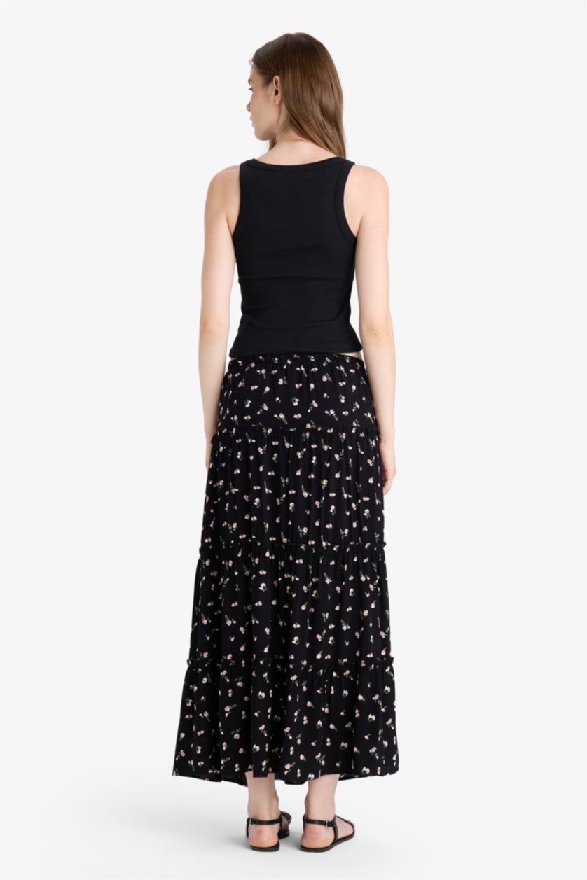 Woman Black Floral Cotton Lined High Waist Maxi Skirt