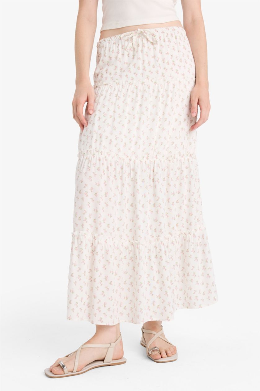 Woman White Floral Cotton Lined High Waist Maxi Skirt