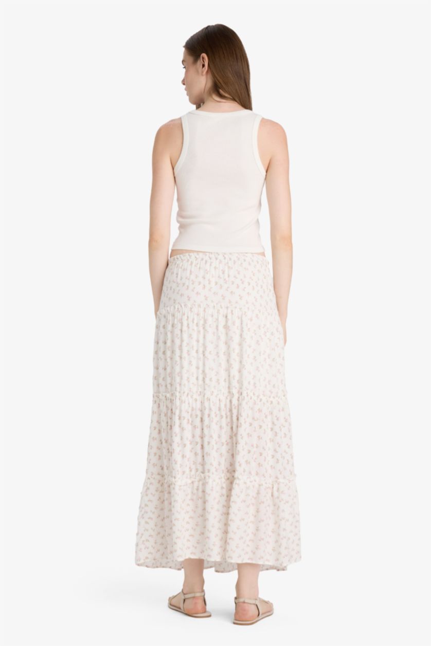 Woman White Floral Cotton Lined High Waist Maxi Skirt