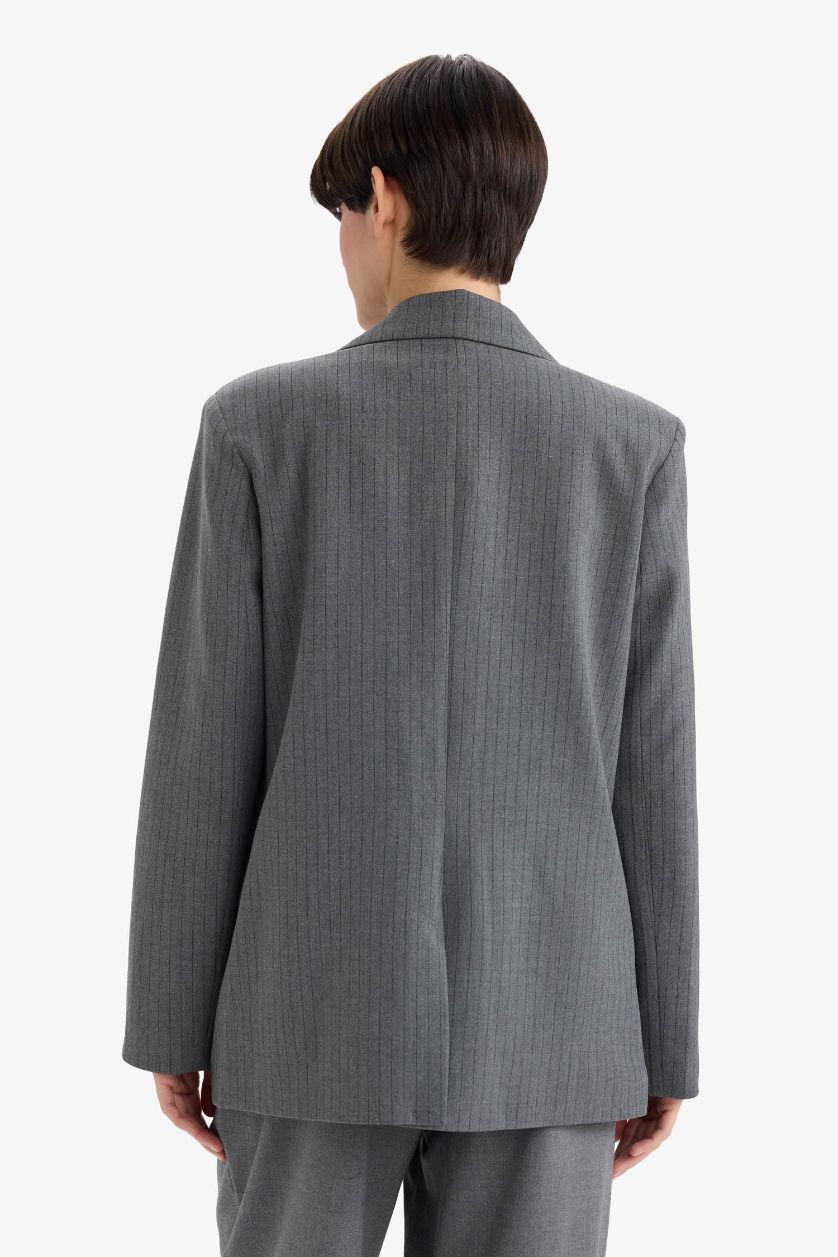 Kadın Gri Melanj Regular Fit Düğmeli Blazer Ceket