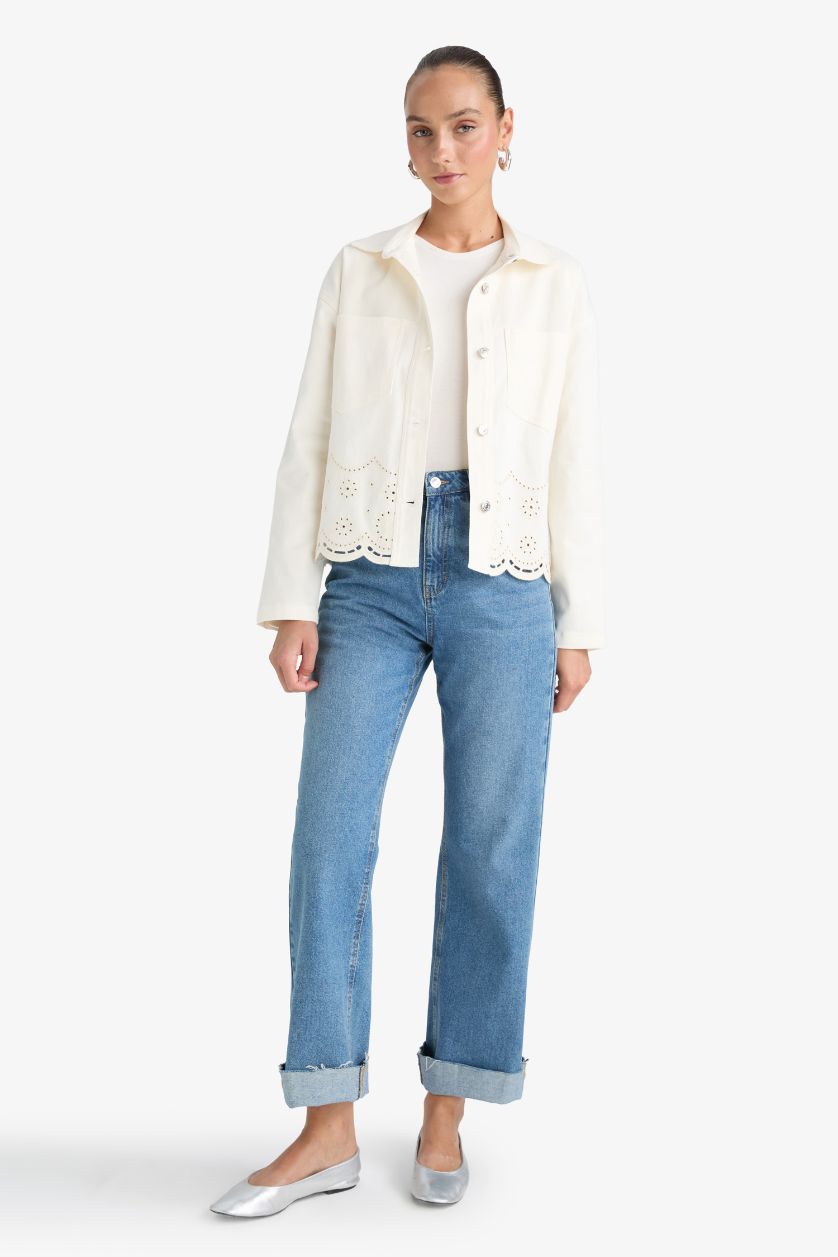 Kadın Ekru Regular Fit Gömlek Yaka Gabardin Brode Ceket