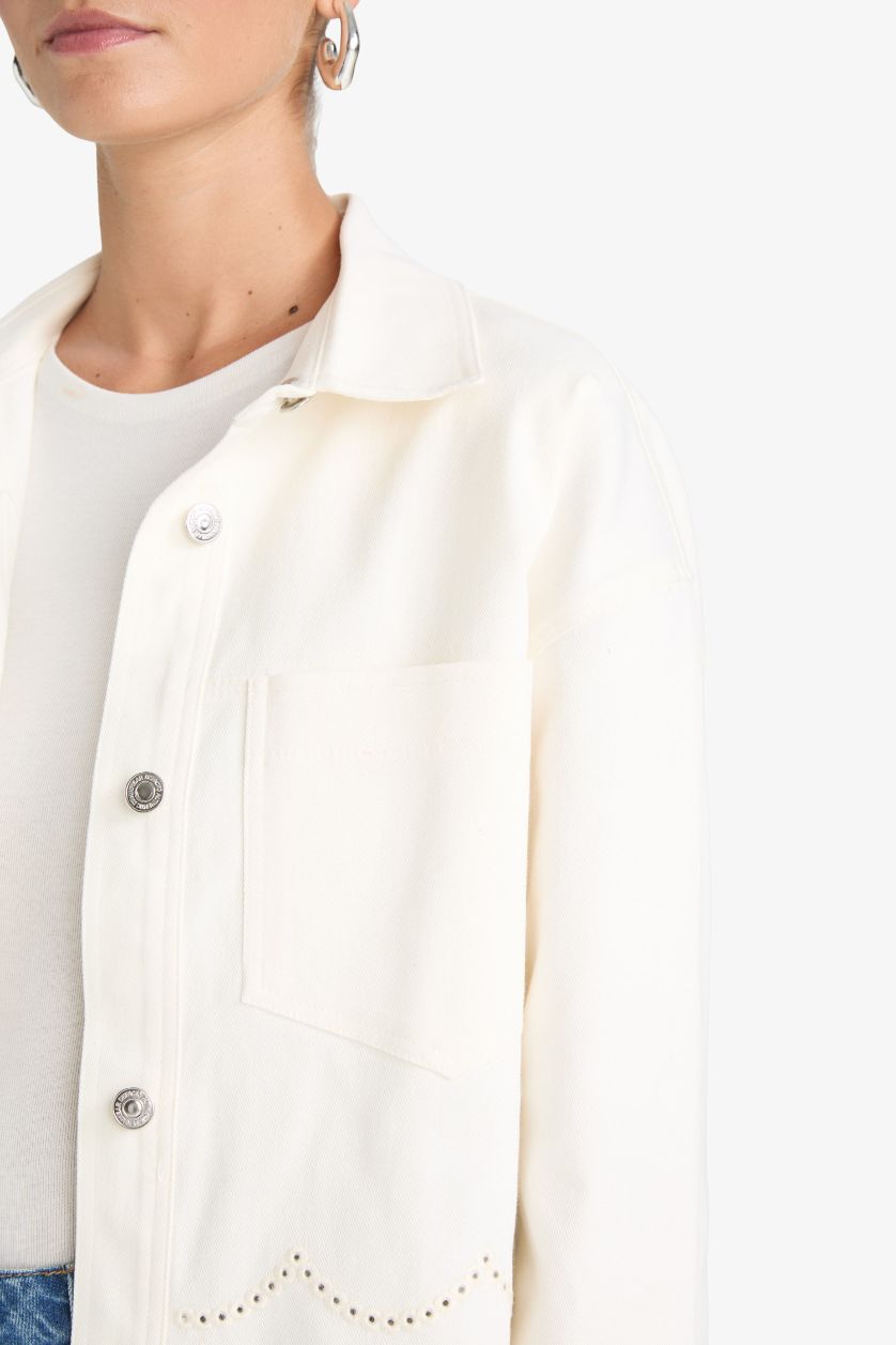 Kadın Ekru Regular Fit Gömlek Yaka Gabardin Brode Ceket