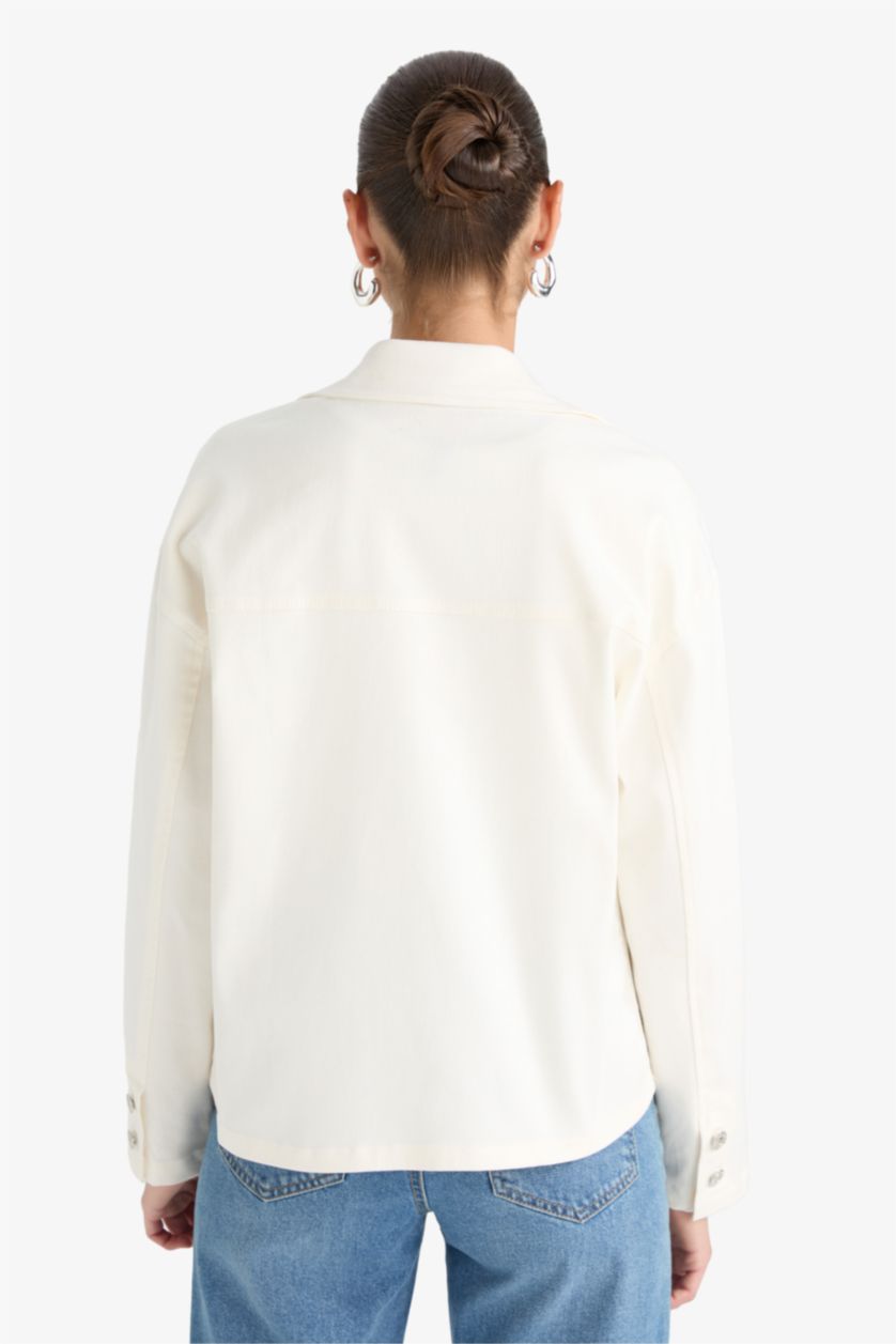 Kadın Ekru Regular Fit Gömlek Yaka Gabardin Brode Ceket