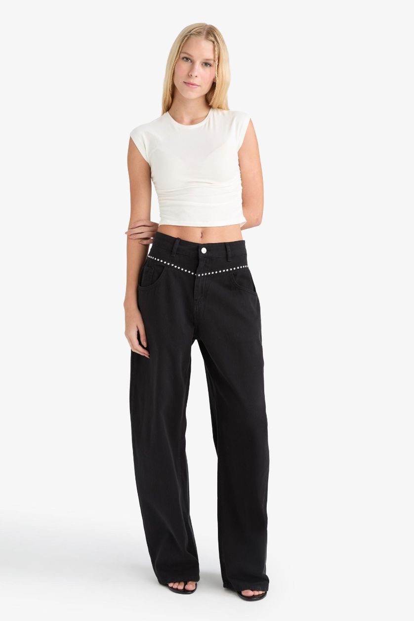 WOMAN Black Baggy Fit Normal Waist Gabardine Trousers
