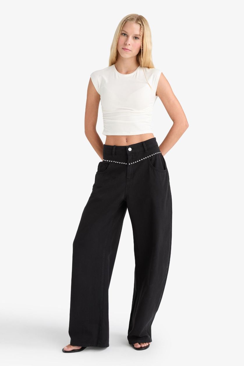WOMAN Black Baggy Fit Normal Waist Gabardine Trousers