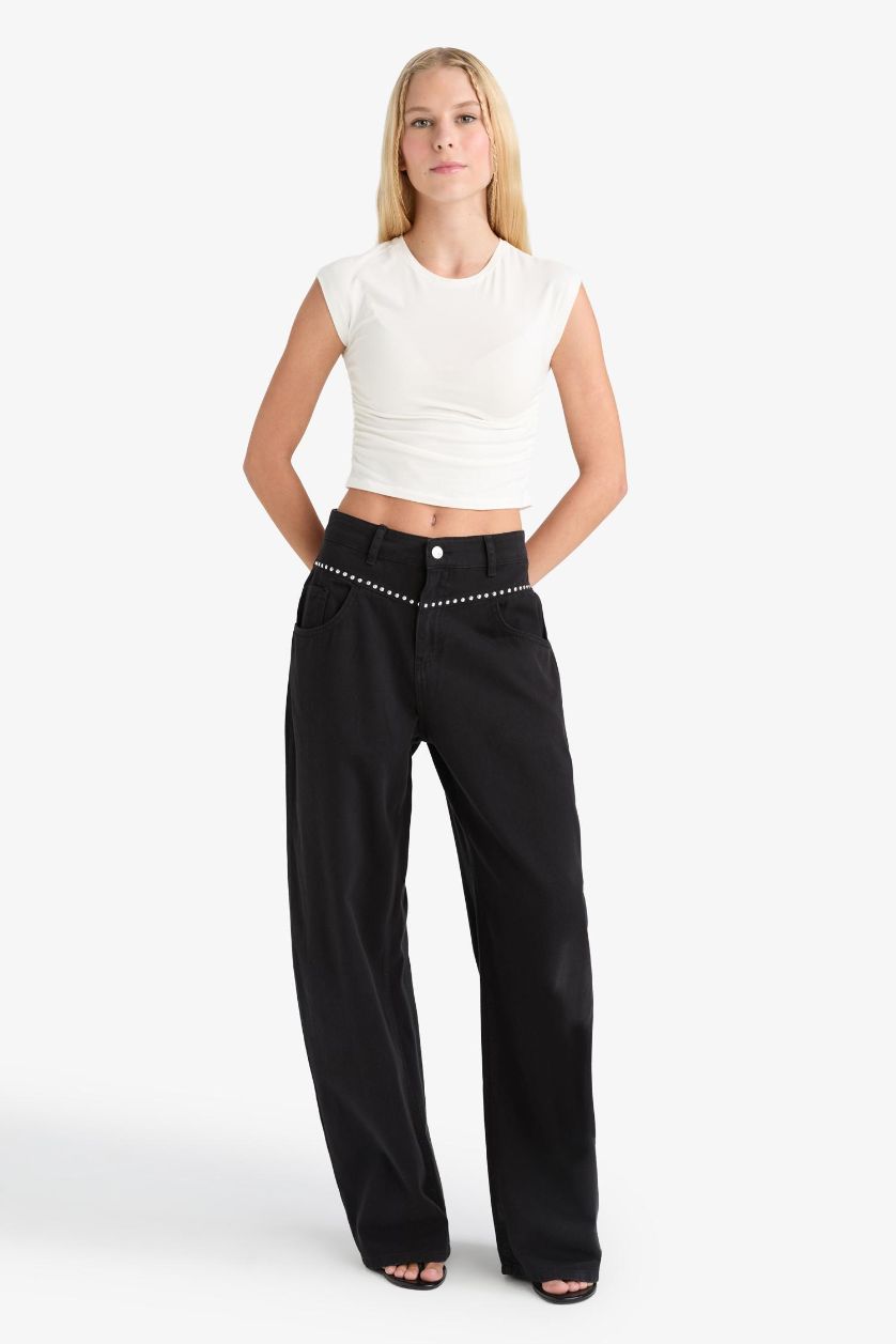 WOMAN Black Baggy Fit Normal Waist Gabardine Trousers