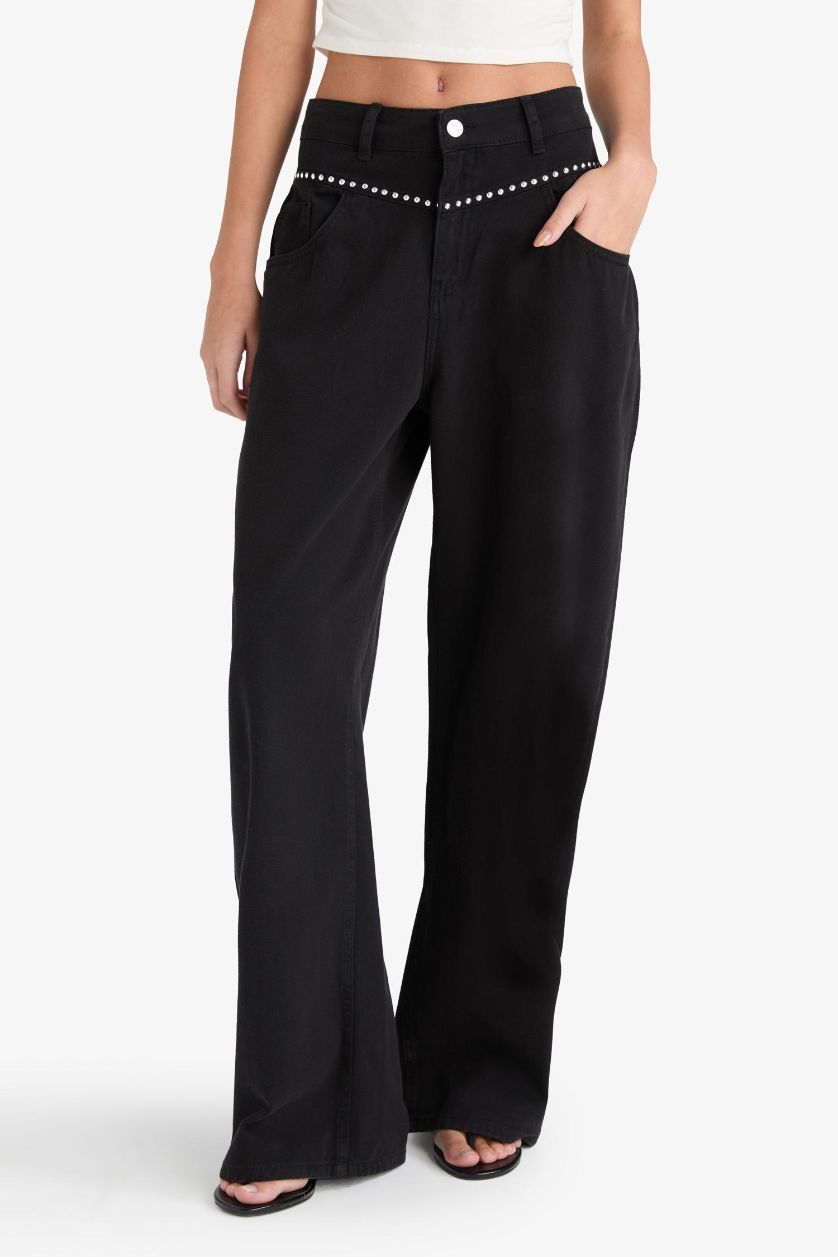 WOMAN Black Baggy Fit Normal Waist Gabardine Trousers