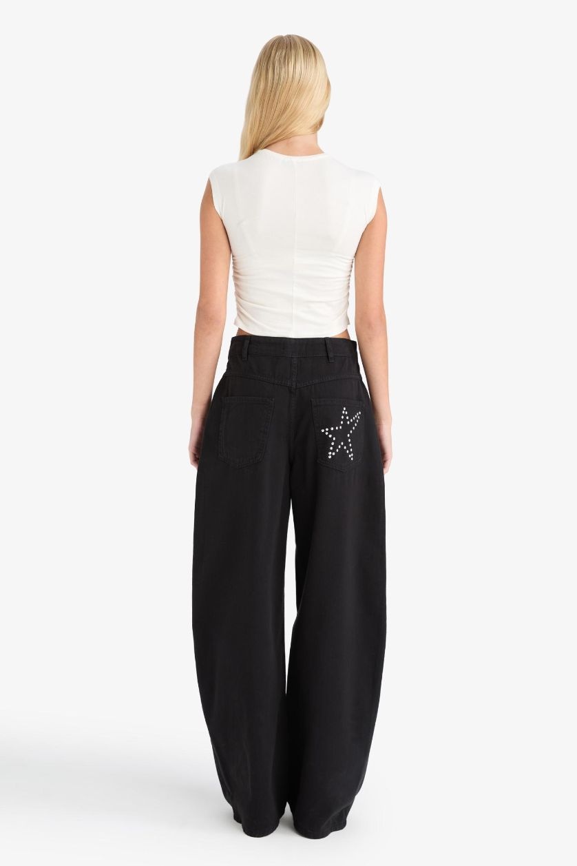 WOMAN Black Baggy Fit Normal Waist Gabardine Trousers