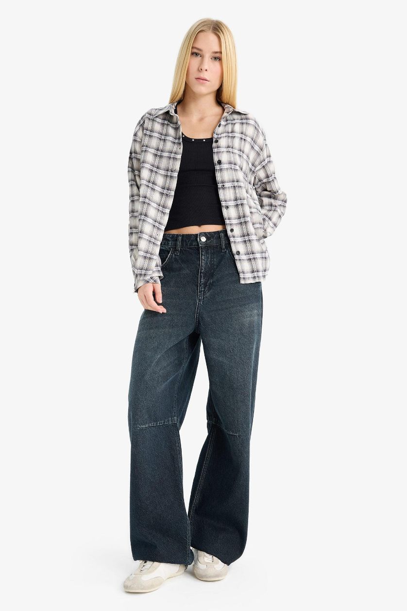 FEMME Noir Chemise oversize texturée à carreaux à manches longues