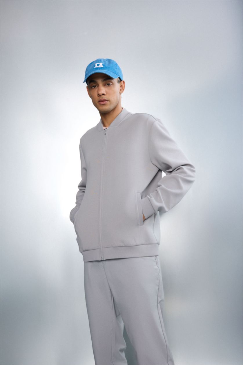 Man Light Grey Standard Fit High Neck Cardigan