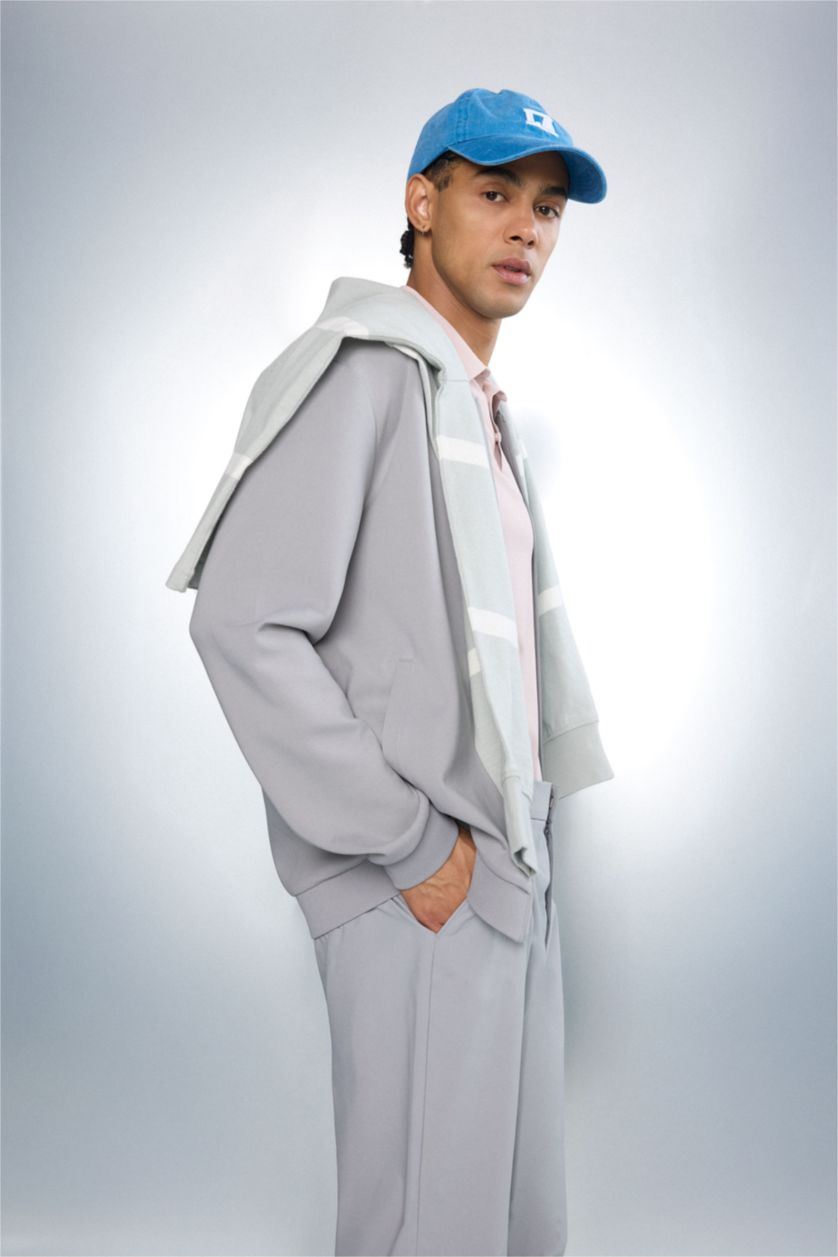Man Light Grey Standard Fit High Neck Cardigan
