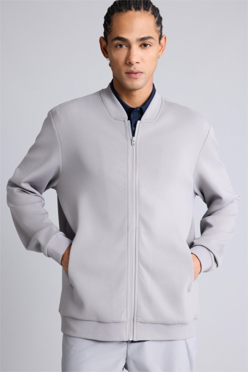 Man Light Grey Standard Fit High Neck Cardigan
