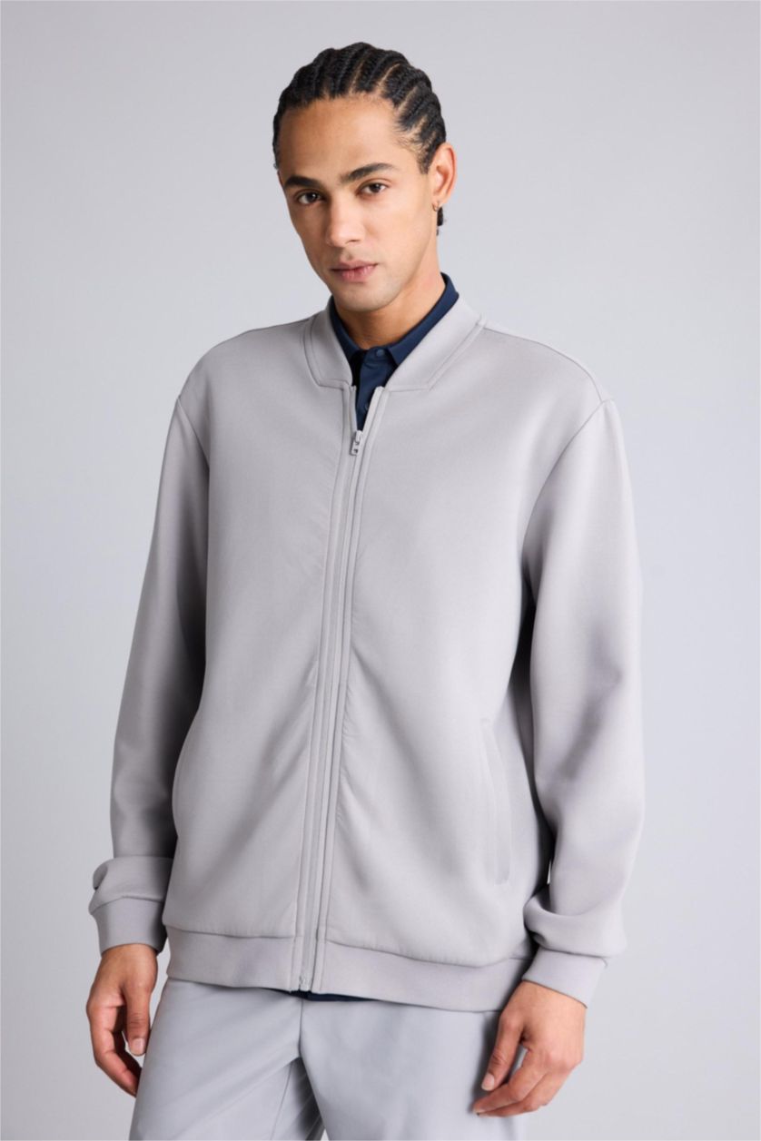 Man Light Grey Standard Fit High Neck Cardigan