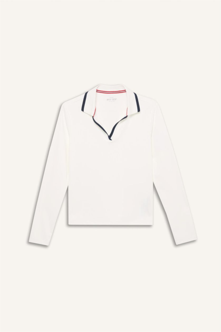Kadın Beyaz Standart Fıt Polo Yaka Sporcu Uzun Kollu Polo Tişört