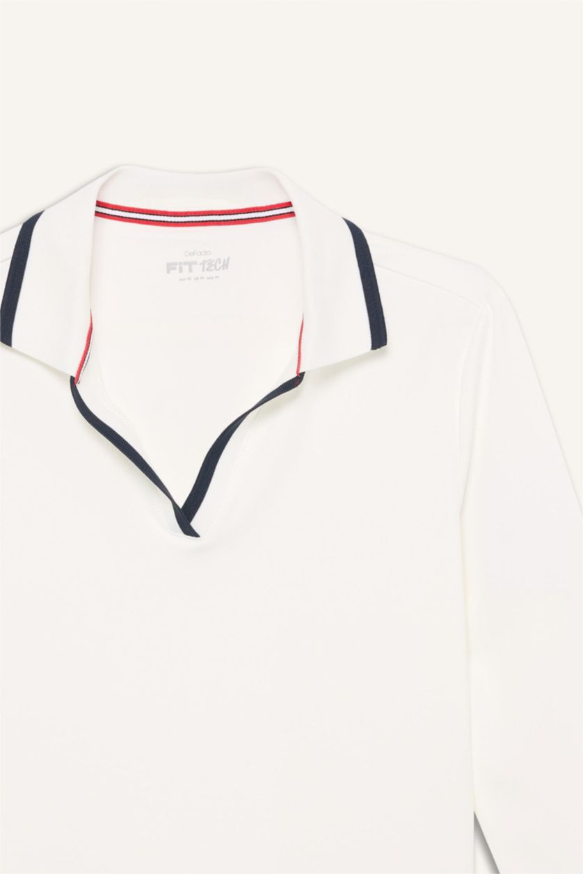 Kadın Beyaz Standart Fıt Polo Yaka Sporcu Uzun Kollu Polo Tişört