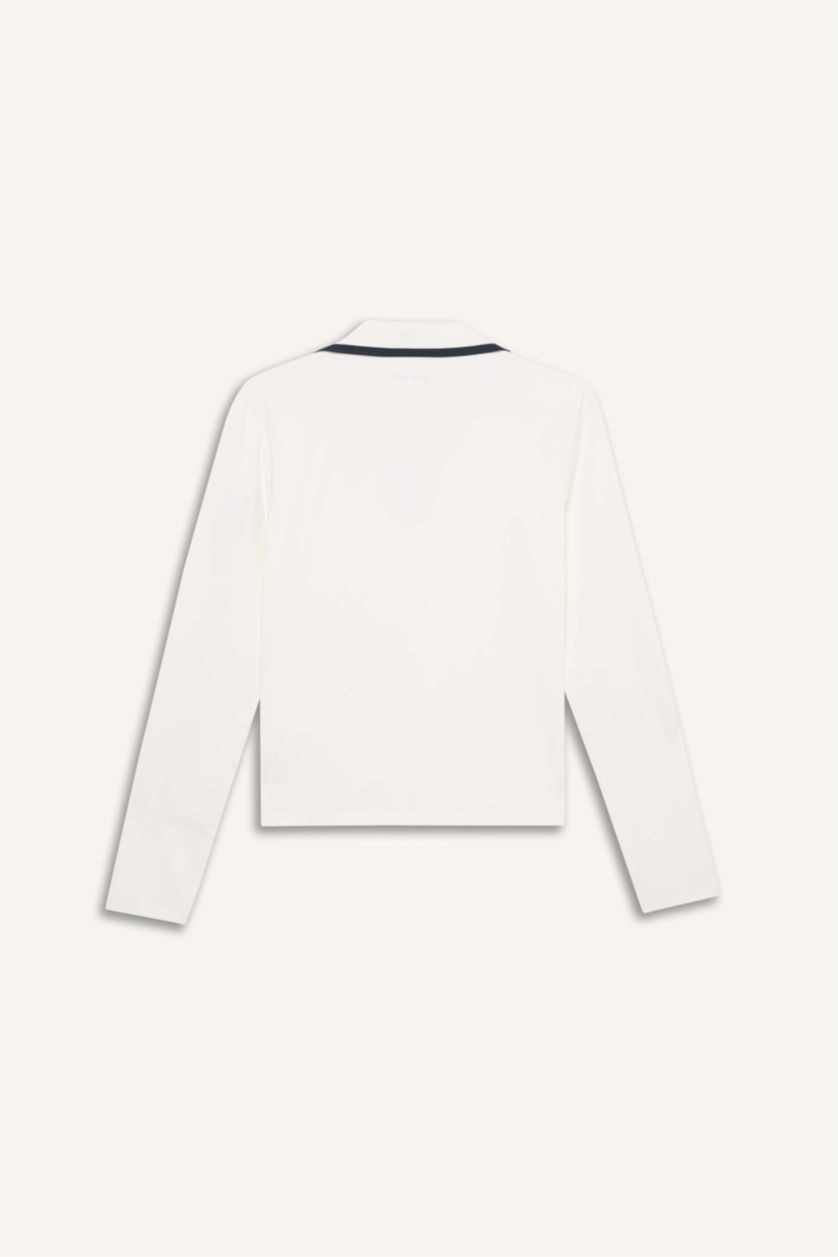 Kadın Beyaz Standart Fıt Polo Yaka Sporcu Uzun Kollu Polo Tişört