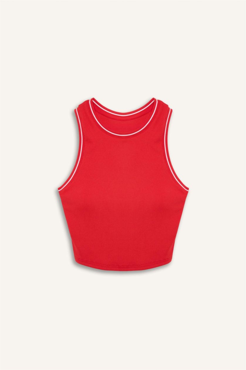 Woman Red Standard Fit Ribana Crew Neck Tank Top